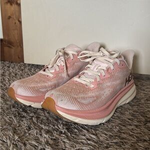 Hoka Women's Clifton 9 Blush Pink and Tan Size 7
